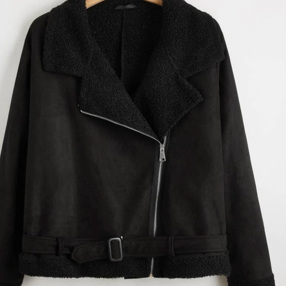 Plus Teddy Lined Zip Up Biker Jacket